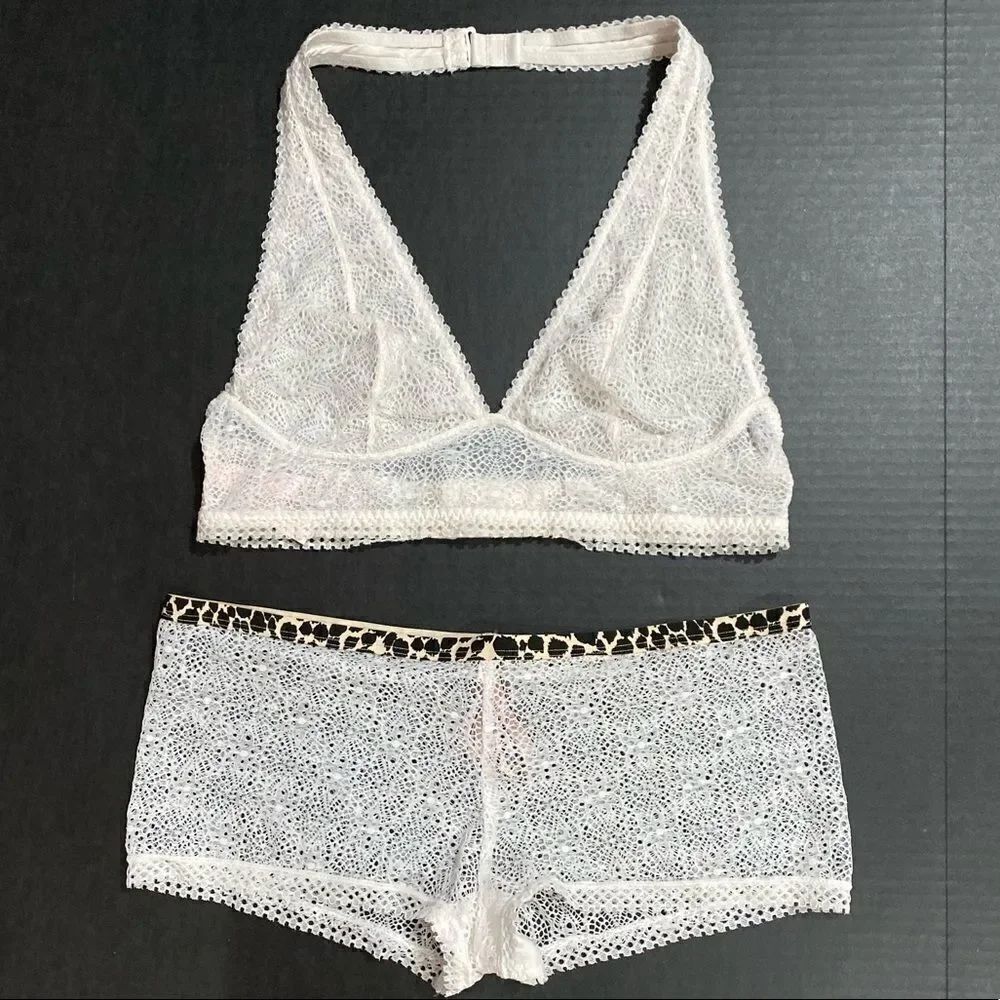 Victorias Secret set lace halter bralette bra & shortie Boyshort off white Large